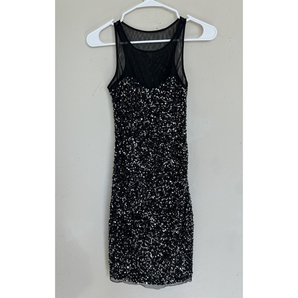 Aidan Mattox Sheer‎ Sequin Mini Dress Sheer Mesh 0 XS Holiday Party Black